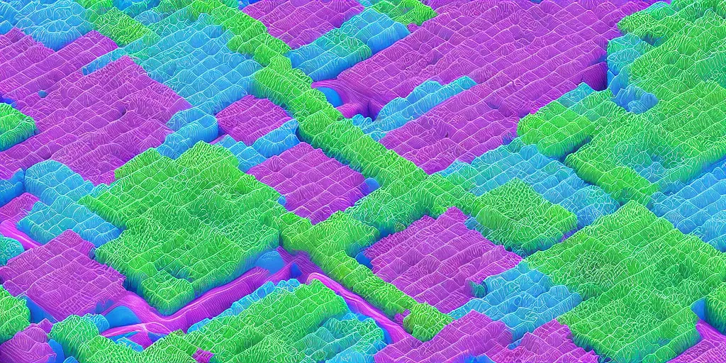 Image similar to voxel meadows intertwined with compression algorithms, alien plants, computer-circuitry based structures sticking out, abstract, pastel tones, low-poly, ray-tracing, 4k, high-quality render, trending on artstation