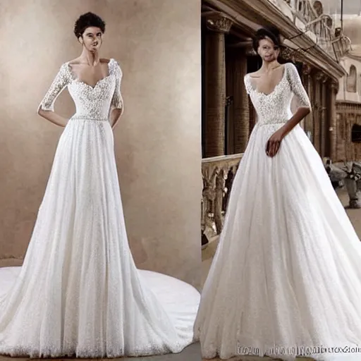 Prompt: fancy delicate knitted wedding dress in light color with fantastically beautiful openwork and pearls, fluffy in places, with an open back. hyper - realistic photo. beautiful. slim. with a beautiful full - length model face. very clear details. background for the style of the dress. luxury is a masterpiece.