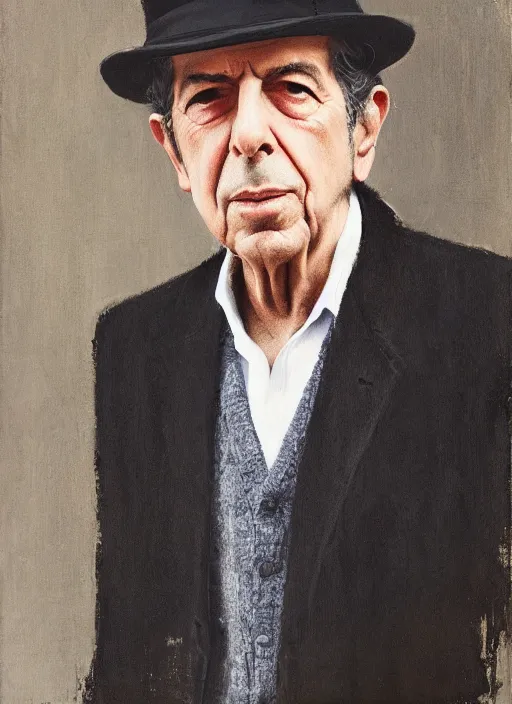 Image similar to Leonard Cohen, wearing a trilby hat, portrait Frank McCarthy