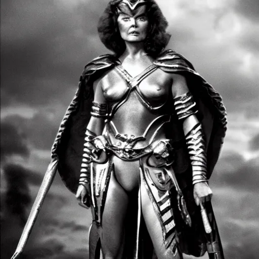 Image similar to young katharine hepburn as amazon warrior hyper realistic 4K quality