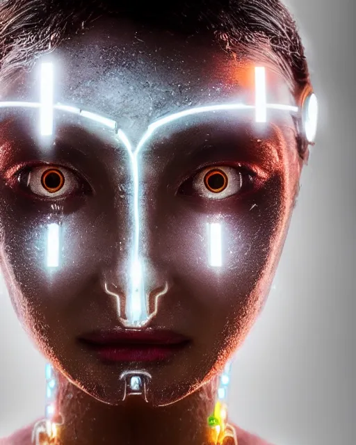 Prompt: portrait photo of female dancer as a cyberpunk mecha humanoid robotic head shoulder parts with straight bright led lights, elecrronics over face, wet skin with water dripping down face, ultra - realistic and detailed, 8 k