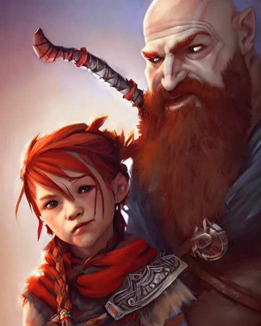 Image similar to cute little anthropomorphic kratos and aloy cute and adorable, pretty, beautiful, dnd character art portrait, matte fantasy painting, deviantart artstation, god of war, horizon zero dawn, by jason felix by steve argyle by tyler jacobson by peter mohrbacher