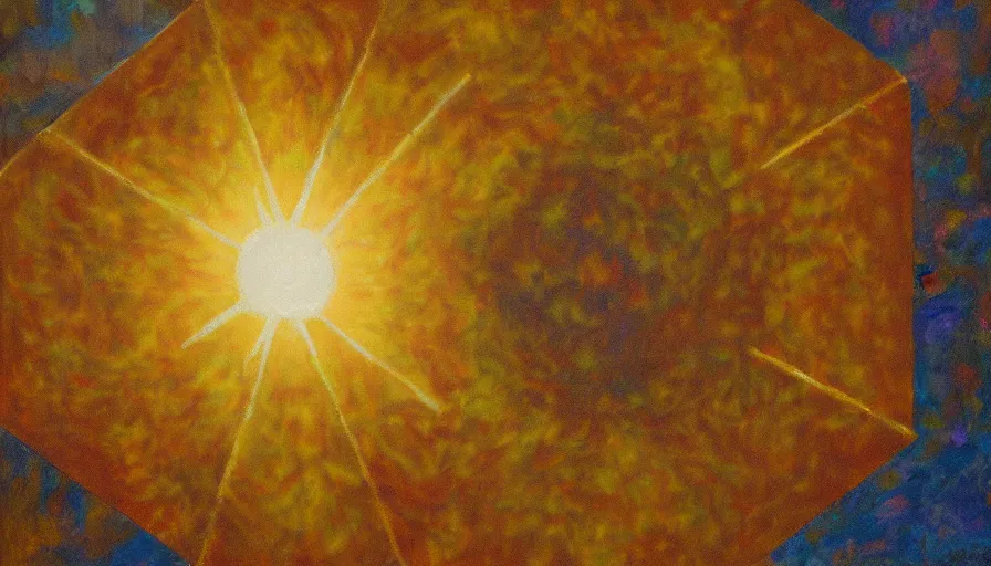 Image similar to the sun being blocked by a hexagon, seen from earth, oil painting