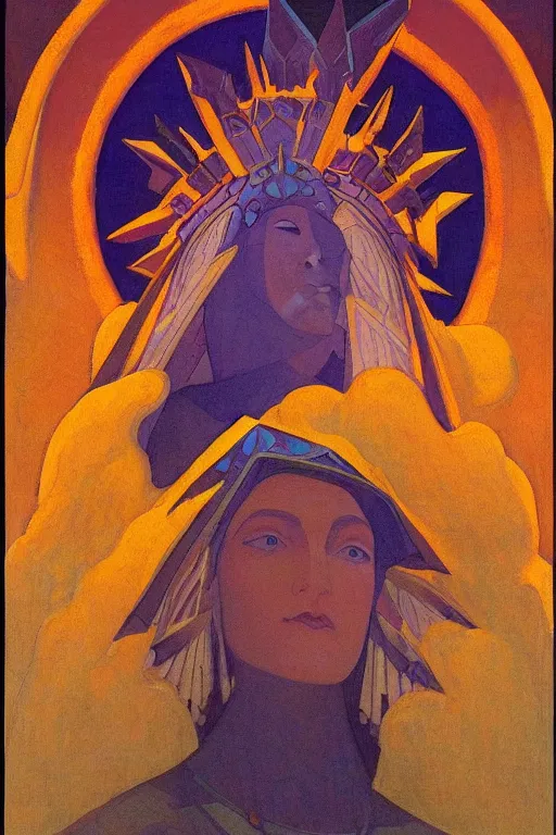 Prompt: queen of the dawn mountains | by Nicholas Roerich and jean delville | dramatic cinematic lighting | ornate headdress | lost civilizations