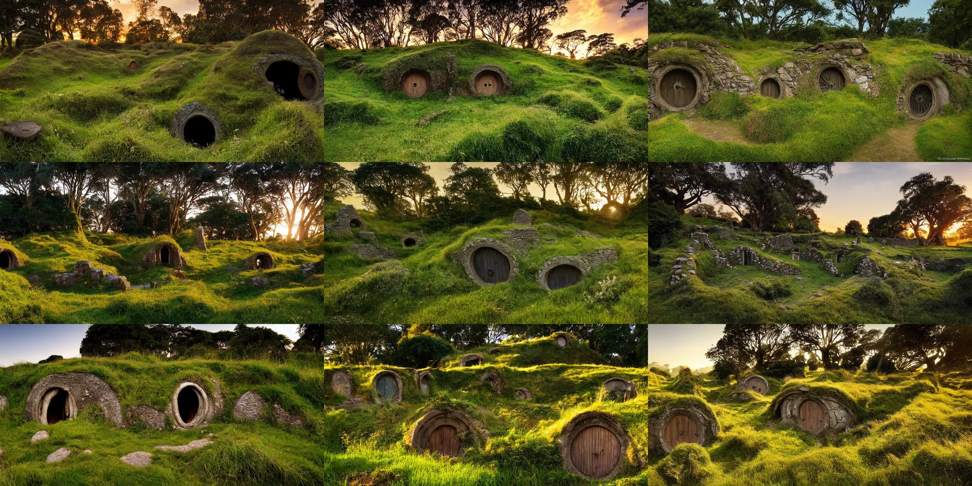 Prompt: archeological discovery of ancient hobbit dwellings, the shire, well preserved, overgrown grasses, sunset, some intact hobbit holes, some ruins, long shadows, digital photography, 3 2 megabit, national geographic.