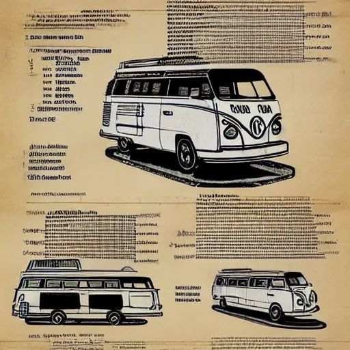 Image similar to detailed schematic for a vw vanagon with rocket engines, faded parchment, aged, descriptions, highly detailed, 8 k,