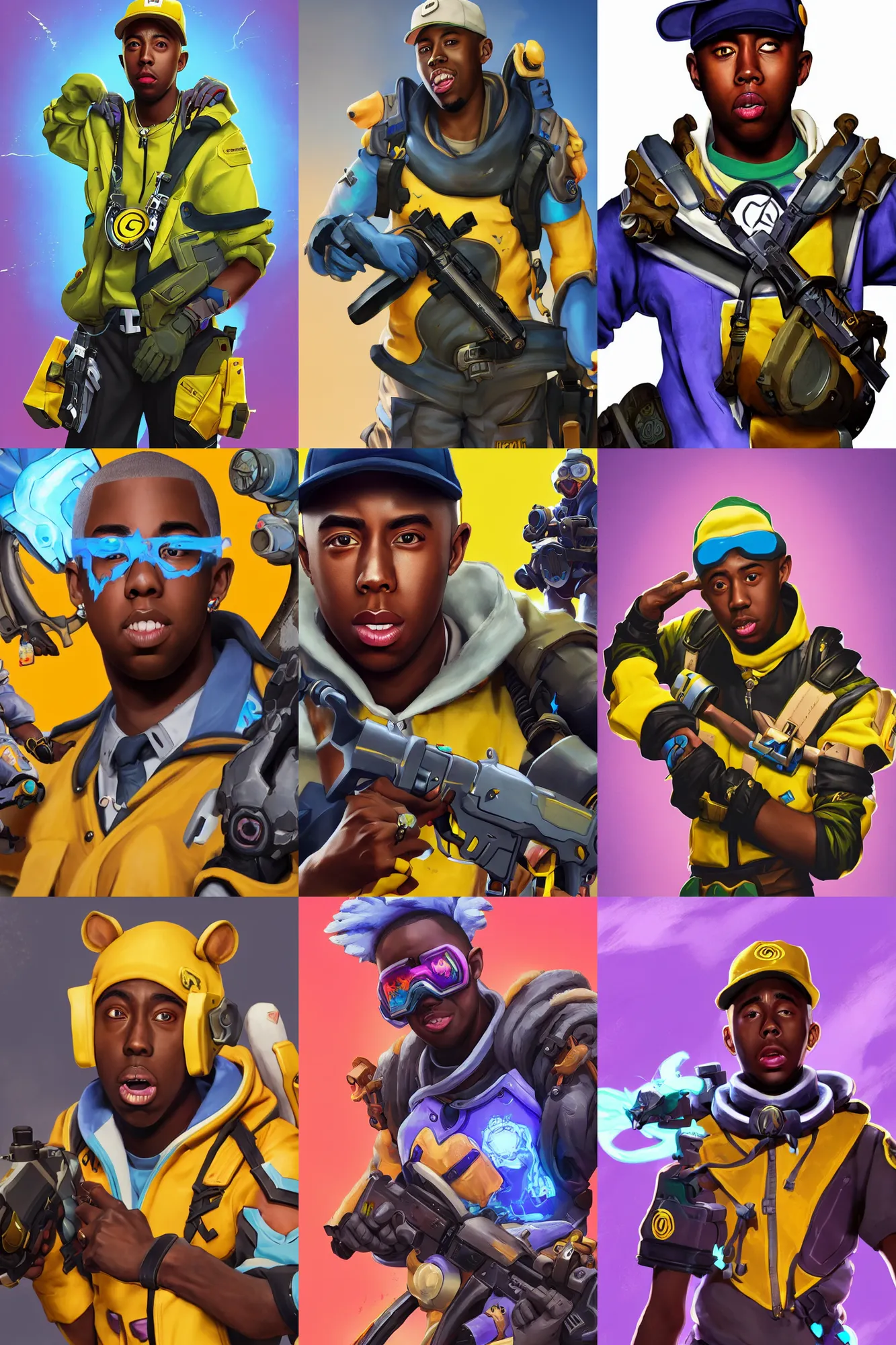 Prompt: tyler the creator as an overwatch hero, damage class, character art, cinematic, portrait closeup