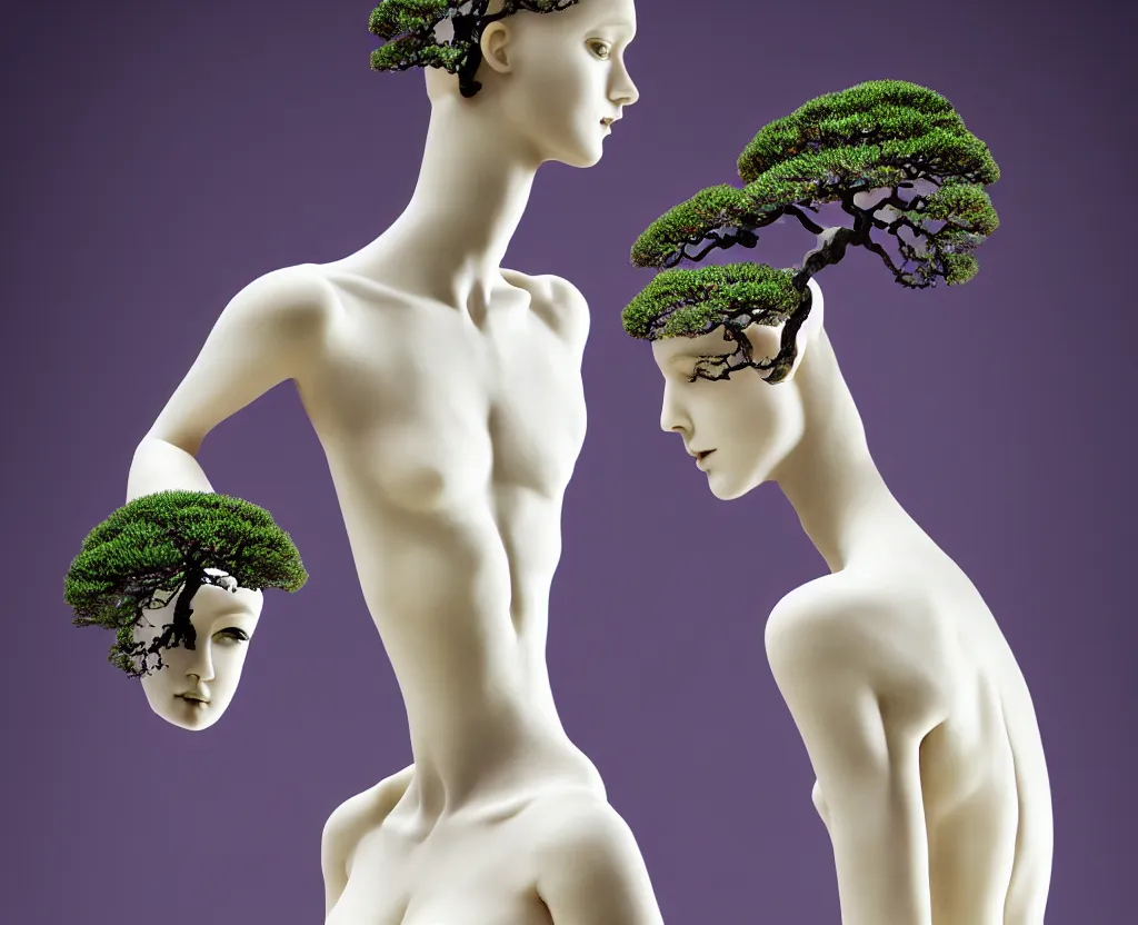 Image similar to beautiful mannequin sculpted out of onyx by billelis + lit with geometric neon printed lavender kintsugi + doorway opening to a new dimension with geometric fractal vaporwave light + flowering bonsai trees!!!!, transcendent, clean linework, dramatic, moody, finely detailed, 4 k, trending on artstation, award winning, photorealistic, volumetric lighting, octane render