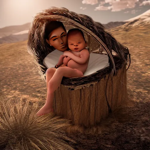 Image similar to Owens Valley Paiute girl and baby in traditional cradle board, unreal 5, hyper realistic, realistic, photo realistic, dynamic lighting, highly detailed, cinematic landscape, studio landscape, studio lighting