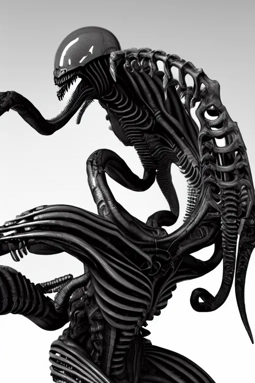 Prompt: detailed intricate biomechanical xenomorphic artifact on display, black and burnished silver, cinematic render, dynamic lighting