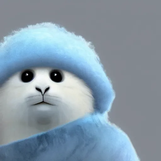 Image similar to photorealistic hd white fluffy baby harpy seal wearing a light blue winter hat, snowy, cold, arctic tundra, adorable