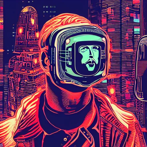 Image similar to Illustrated by Shepard Fairey and H.R. Geiger | Cyberpunk Nicolas Cage with VR helmet, surrounded by cables