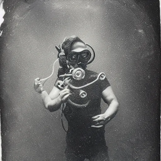 Prompt: underwater tintype photo of scuba driver riding a octopus