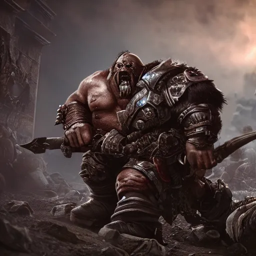 Prompt: orcs from warhammer in gears of war warcraft, fantasy, splash art, movie still, cinematic lighting, dramatic, octane render, long lens, shallow depth of field, bokeh, anamorphic lens flare, 8 k, hyper detailed, 3 5 mm film grain