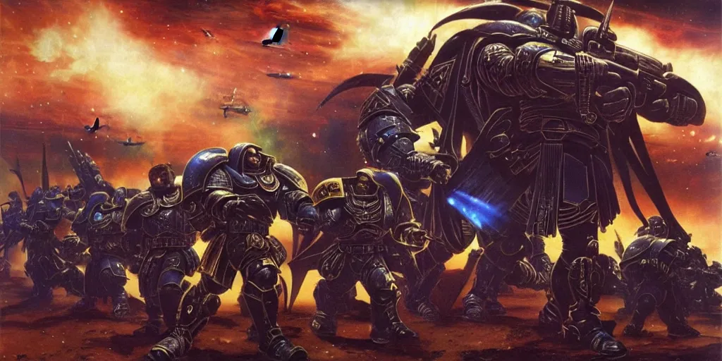 Image similar to Astartes are fighting against space orcs, huge armies, epic battle, a bunch of explosions, bullet tracers, Astartes are very well detailed, orcs are very well detailed, Photo style retro futurism art