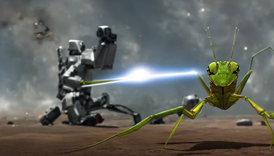 Image similar to big budget science fiction movie about an armored praying mantis with lasers shooting from its eyes