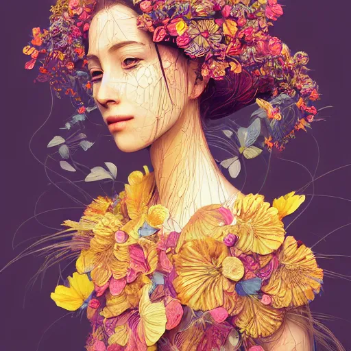 Image similar to the portrait of an absurdly beautiful, graceful, elegant, and wise young woman made of bananas and petals, an ultrafine detailed illustration by kim jung gi, irakli nadar, intricate linework, bright colors, final fantasy, behance contest winner, angular, unreal engine 5 highly rendered, global illumination, radiant light, detailed and intricate environment