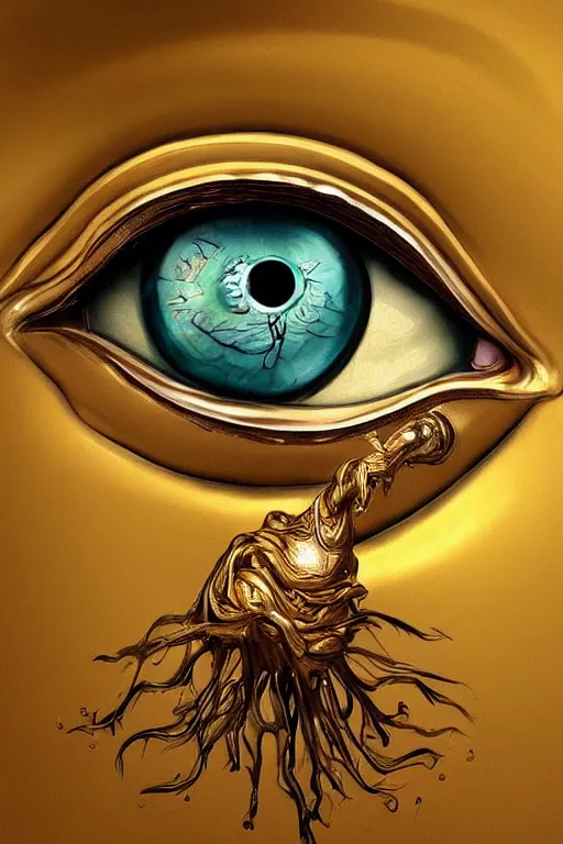 Prompt: beautiful highly detailed eyeball leaking from a golden eggcup, trending on artstation