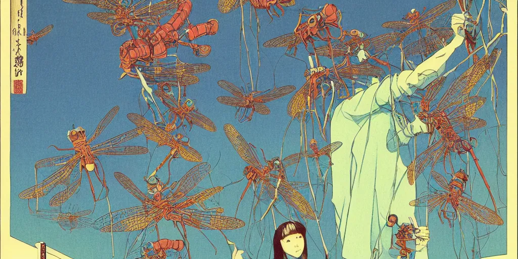 Image similar to gigantic robotic dragonflies with human faces catch tiny robots, a lot of exotic plants around, human heads everywhere, risograph by kawase hasui, edward hopper, satoshi kon and moebius, no text!, colorful flat surreal design, super - detailed, a lot of tiny details, fullshot