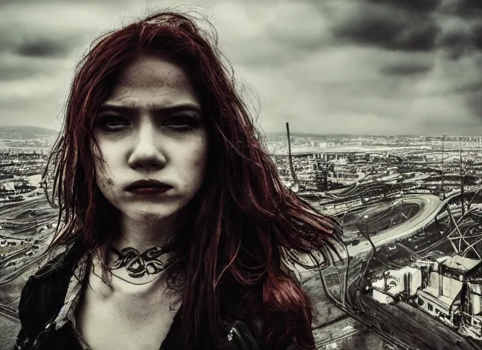 Prompt: mysterious sad rotten girl wrapped in smoke observing a big industrial city metropoli in the distance, cloudy sky, highly detailed, detailed face, intricate complexity, epic composition, magical atmosphere, cinematic lighting, masterpiece, color picture, ultra hd