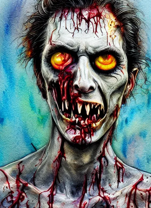 Prompt: zombie hollywood professional acting headshot, hyperrealism, david dennis, snl intermission photo, intricate detailed, studio lighting, charming expression gesicht, hauntingly beautiful zombie, watercolor art, epic, legendary, drawn and painted, colored layers, dulled contrast, exquisite fine art, splatterpaint