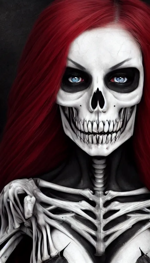 Prompt: skeleton black bones, covered with blood, jessica nigri face!!, highly detailed face, long red hair, beautiful blue eyes, black heavy eyeliner, ultra realistic, concept art, intricate details, photorealistic, octane render, 8 k, unreal engine. retro film still, heavy grain, 3 5 mm, art by artgerm and greg rutkowski and alphonse mucha