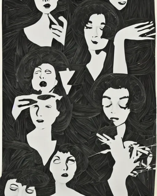 Prompt: collage, cut and paste, 1 9 6 0 s, 1 9 9 0 s, plant - life, photoshop, brush strokes, monochrome, a woman's shocked face