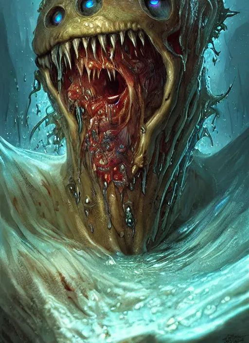 Image similar to digital painting of a wet smily undead drowned monster, with translucent and weiny skin, long freaky finger, by filipe pagliuso and justin gerard, fantasy, highly detailed, realistic, intricate, glowing eyes