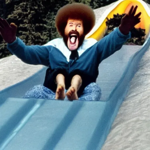 Image similar to bob ross screaming while going down a giant slide