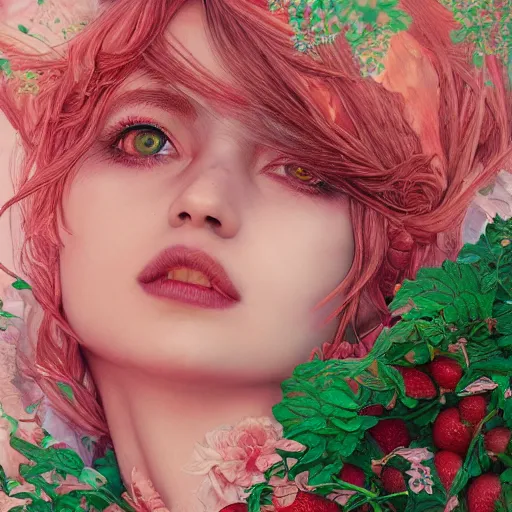 Image similar to the portrait of an absurdly beautiful, graceful, elegant, sophisticated woman made of strawberries and green petals looking up, an ultrafine hyperdetailed illustration by kim jung gi, irakli nadar, intricate linework, bright colors, octopath traveler, final fantasy, unreal engine 5 highly rendered, global illumination, radiant light, detailed and intricate environment