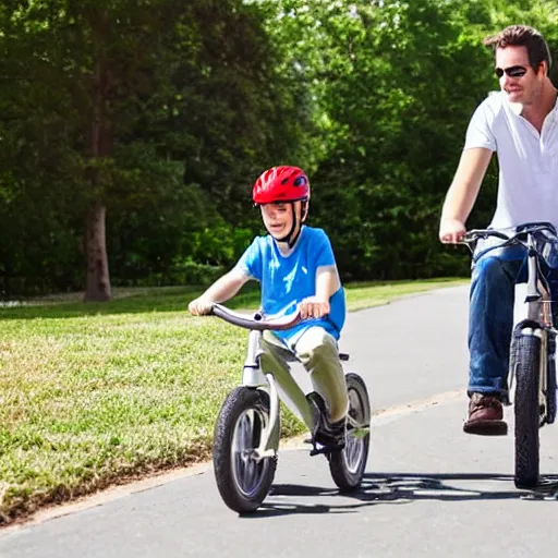 Prompt: dad teaching son how to ride a bike on a sunny day