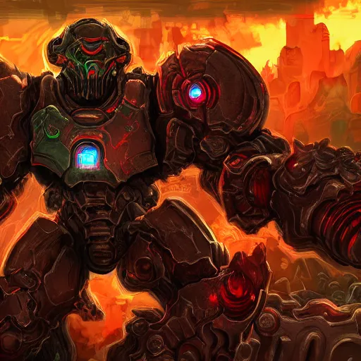 Image similar to Doom slayer on pile of money fighting corporate greed demons, splash screen art, vivid, digital painting