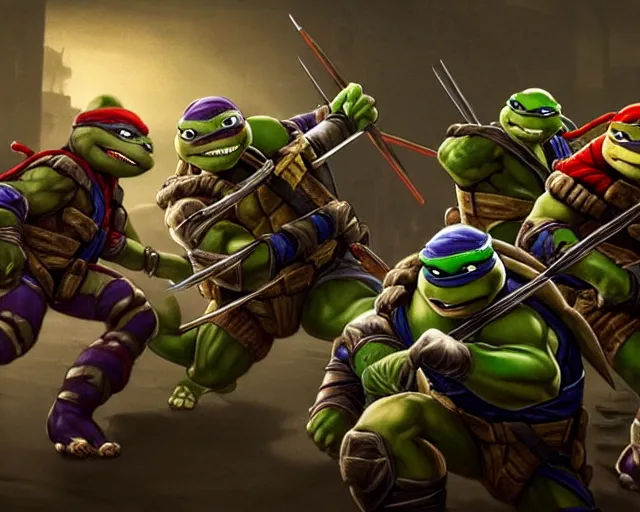 Image similar to a gaming screenshot still portrait of teenage mutant ninja turtles in mortal kombat, deep focus, d & d, fantasy, intricate, elegant, highly detailed, digital painting, artstation, concept art, matte, sharp focus, illustration, dark fantasy style art, hearthstone, art by artgerm and greg rutkowski and alphonse mucha