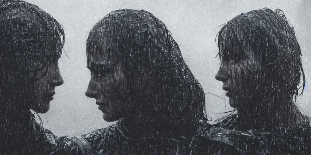 Image similar to cinestill 5 0 d candid photographic portrait by christopher nolan of two loving female androids sobbing wearing rugged black mesh techwear in treacherous waters, extreme closeup, modern cyberpunk moody emotional cinematic, pouring rain menacing lights shadows, 8 k, hd, high resolution, 3 5 mm, f / 3 2, ultra realistic faces, ex machina