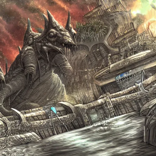 Prompt: an underwater city attacked by a lizard like behemoth by kotakan