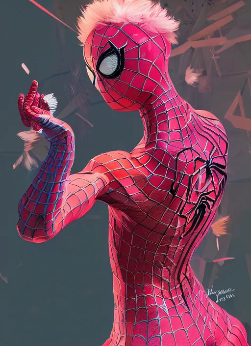 Image similar to spiderman with an pink eccentric haircut wearing an dress made of feathers dancing on stage, artwork made by ilya kuvshinov, inspired in donato giancola, hd, ultra realistic, reflection, flowers, light, realistic face, bird tattoo, trending on pixiv, 8 k, ray tracing, glorious