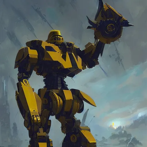 Image similar to yellow mecha with flat head and big sword and shield, spotlight in middle of face, Keetongu Bionicle, by Greg Rutkowski