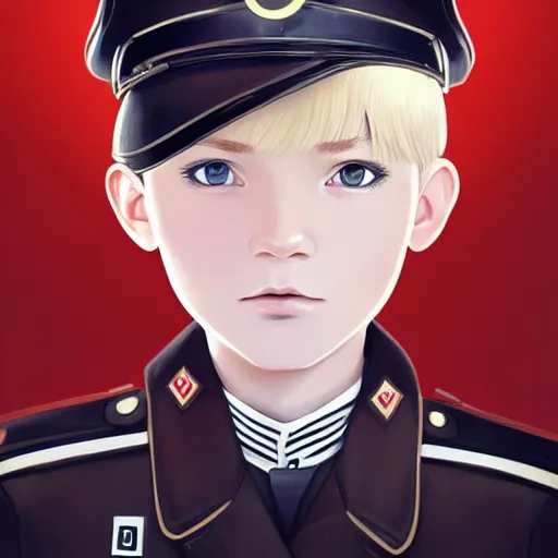 Prompt: portrait of blonde little boy wearing nazi uniform by ilya kuvshinov and anna dittmann and studio ghibli and wlop and rossdraws, digital art, trending on artstation, anime arts, featured on pixiv, red lighting, hd, 8 k, highly detailed, good lighting, beautiful, epic, masterpiece