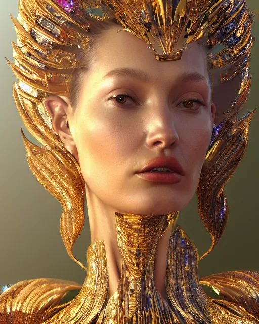 Image similar to a highly detailed metahuman 4 k close up render of an alien goddess bella hadid as jesus christ in iris van herpen dress schiaparelli in diamonds crystals swarovski and jewelry iridescent in style of alphonse mucha gustav klimt trending on artstation made in unreal engine 4