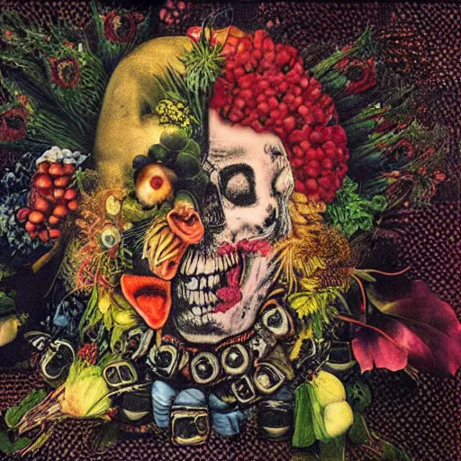 Image similar to punk album cover, blank horizontal banner on top, psychedelic, giuseppe arcimboldo