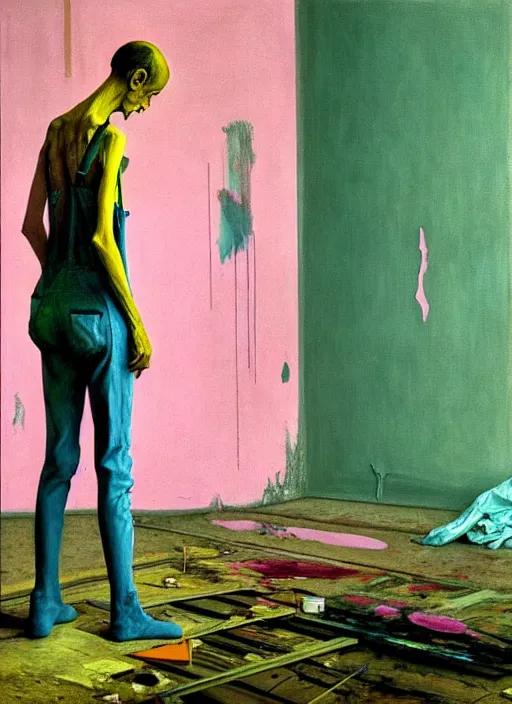 Prompt: a skinny, starving artist wearing overalls, painting the walls inside a chernobyl sarcophagus, hauntingly surreal, highly detailed painting by francis bacon, edward hopper, adrian ghenie, gerhard richter, and james jean, soft light 4 k in pink, green and blue colour palette