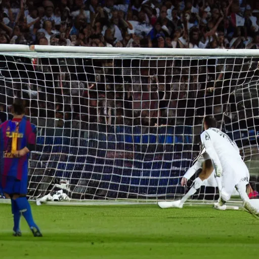 Prompt: messi scoring a bicycle kick with the real madrid shirt, the barca goalkeeper is a mole