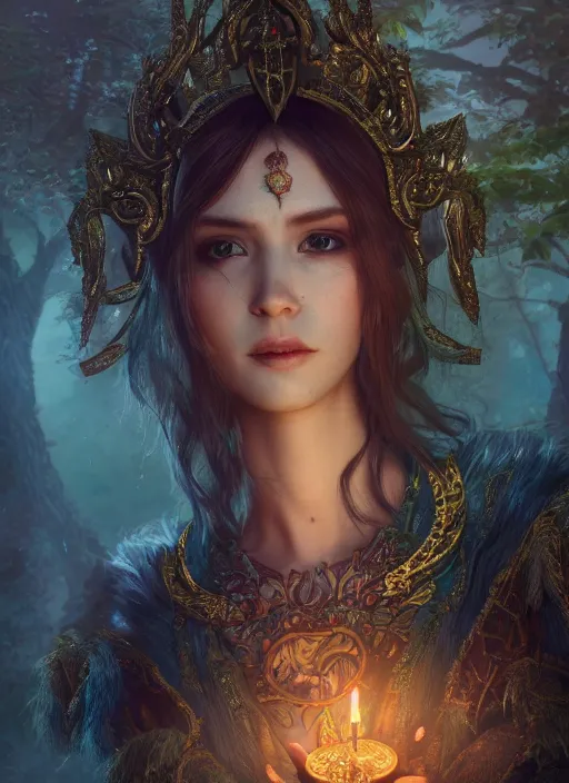 Image similar to Beautiful art portrait of a female fantasy priestess in a bright temple surrounded by lush forest, atmospheric lighting, intricate detail, cgsociety, hyperrealistic, octane render, RPG portrait, ambient light, dynamic lighting