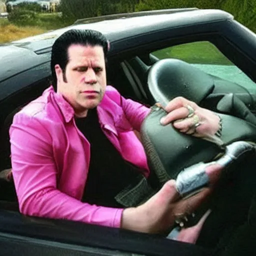 Image similar to crocodile driving a pink cadillac took the wrong exit of the 4 0 5, glenn danzig is hitchhiking on the side of the road, in the style of hieronymus bosch