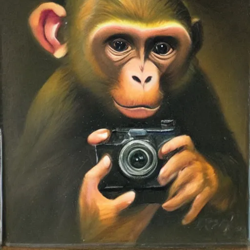 Image similar to portrait of a monkey holding a camera in his hand, oil painting