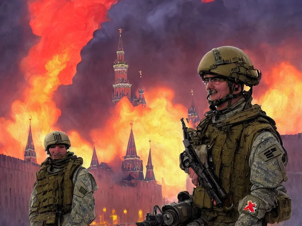 Image similar to special forces nato soldier with yellow shoulder patch takes selfie at red square kremlin burning in the background, d & d, fantasy, bright atmosphere, volumetric lights, intricate, elegant, extremely detailed, digital painting, artstation, concept art, matte, smooth, sharp focus, hyper realistic, illustration, art by artgerm and greg rutkowski and alphonse mucha