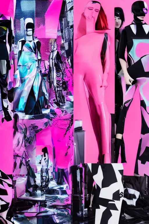 Image similar to an award winning fashion photograph of Balenciaga's fashion week 2049, cyberpunk, futuristic, Bladerunner 2049, dazzle camouflage!!, dayglo pink, dayglo blue, raven black, corporate