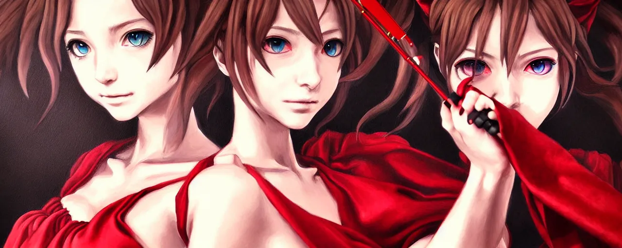 Image similar to a portrait of catgirl wearing red silk dress an ultrafine detailed painting, detailed painting, detailed eyes!!, final fantasy octopath traveler realistic hands ghibly