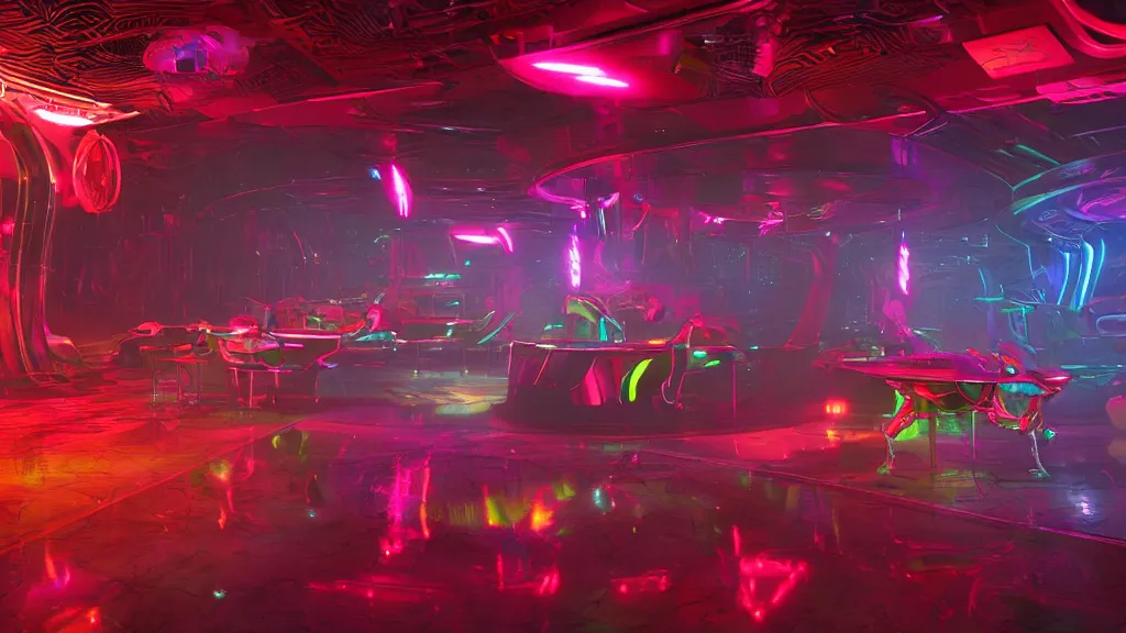 Prompt: sci-fi night club, with colourful alien dancers, neon lights, fog, smoke and atmosphere, red tones, platforms, circular mechanical structures, tessellating shapes, contemporary aesthetic, like concept art on artstation, hyperdetailed, vray render, octane render,