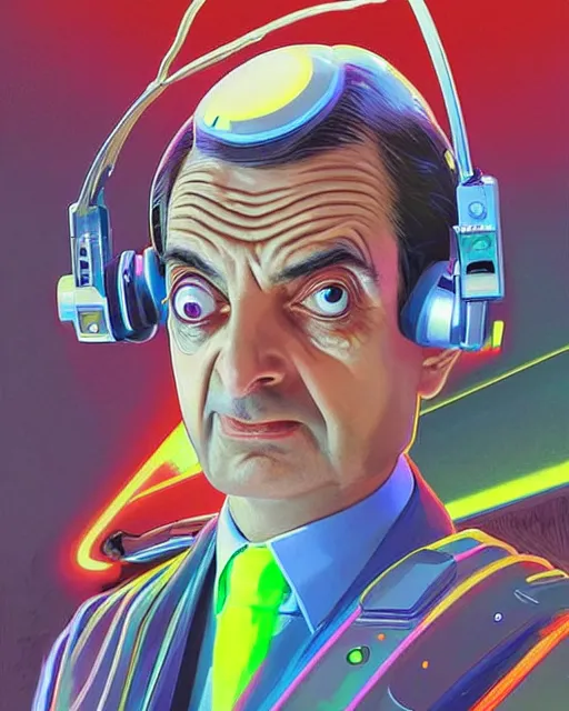 Image similar to mr bean as future coder man looking on, sleek cyclops display over eyes and sleek bright headphoneset, neon accent lights, holographic colors, desaturated headshot portrait digital painting by dean cornwall, rhads, john berkey, tom whalen, alex grey, alphonse mucha, donoto giancola, astronaut cyberpunk electric